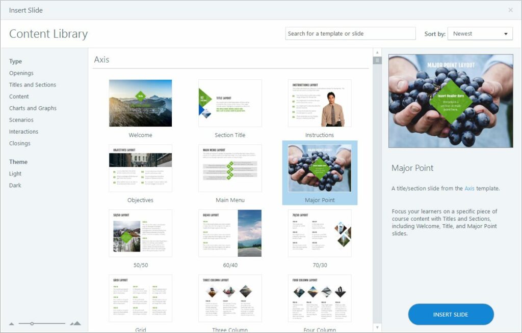 Screenshot of the content library in Articulate Storyline 360.