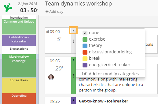 Colour coding of session blocks