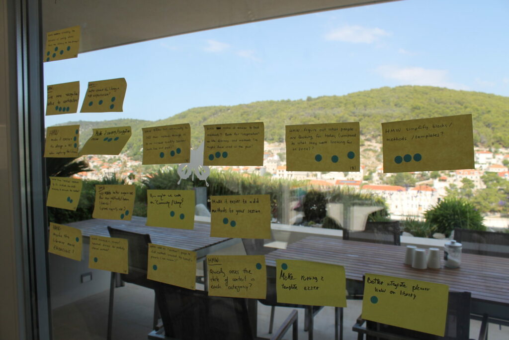 a wall covered in post-its with dot votes