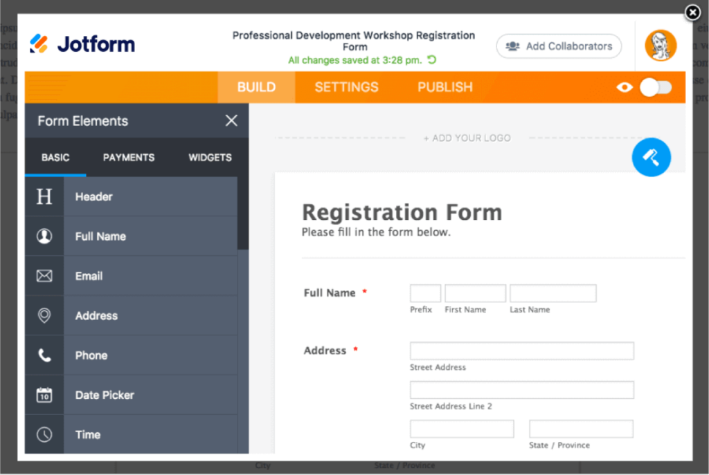 Screenshot of Jotform form builder.
