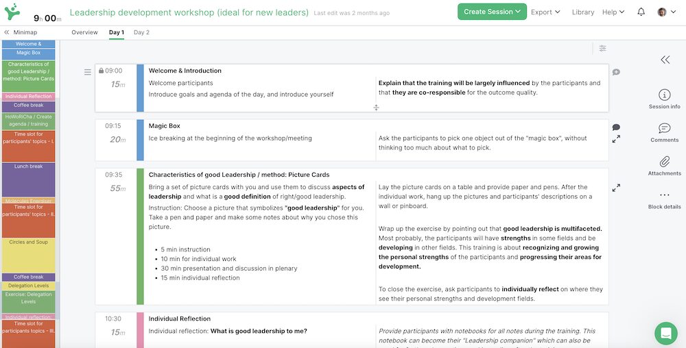 A screenshot of a leadership development workshop designed and built in SessionLab.