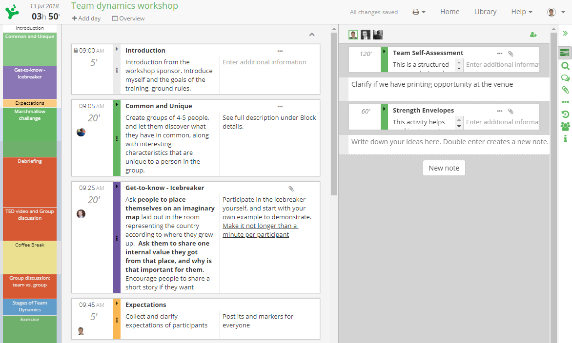 Session Planner full view with blocks and notes