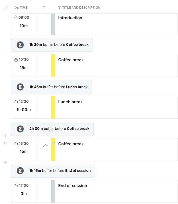 Screenshot of SessionLab's planner showing breaks in yellow
