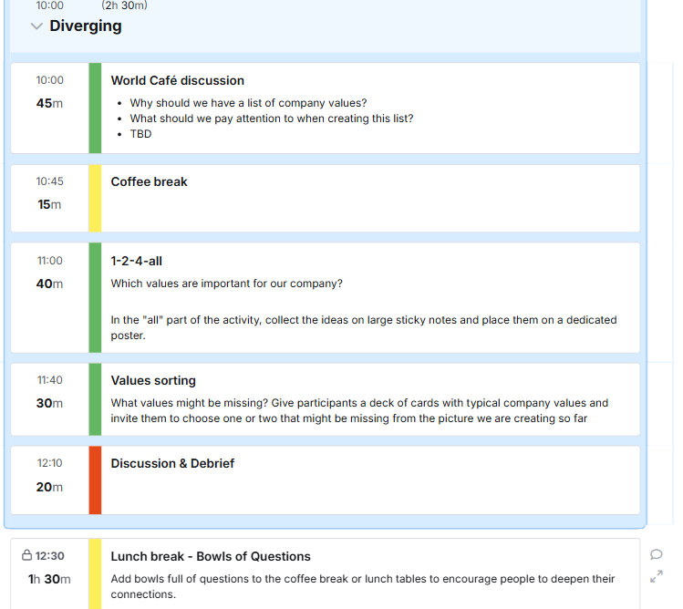 Screenshot of SessionLab's planner with a draft plan of activities for a Values Workshop
