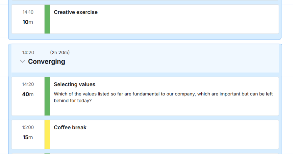 Screenshot of SessionLab's planner with break moved to later and time automatically calculated