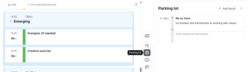 Screenshot of SessionLab's planner showing the parking lot