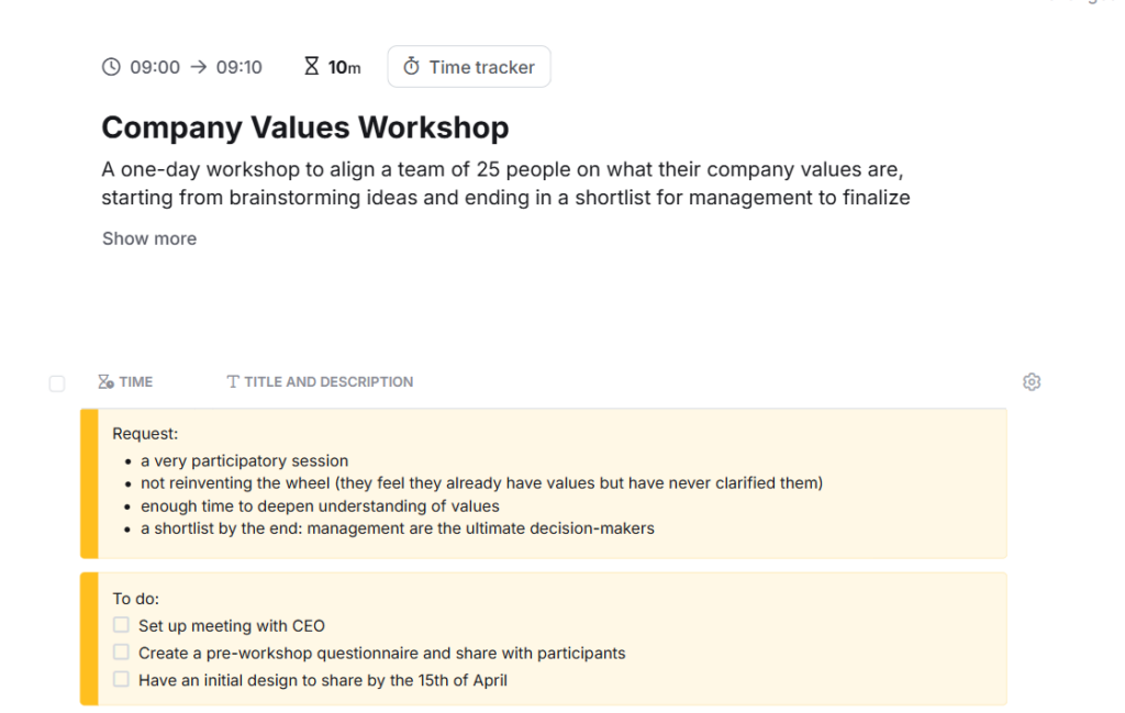 SessionLab planner screenshot showing notes in yellow