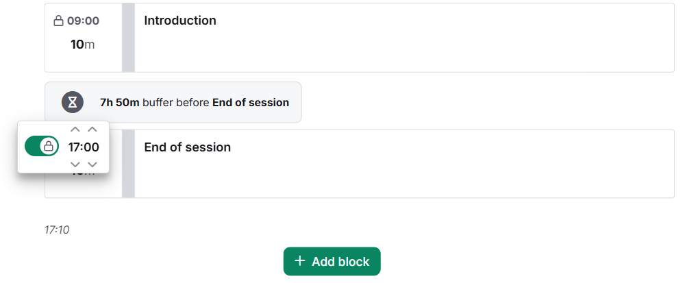 Screenshot of SesssionLab's planner showing a lock for the end time