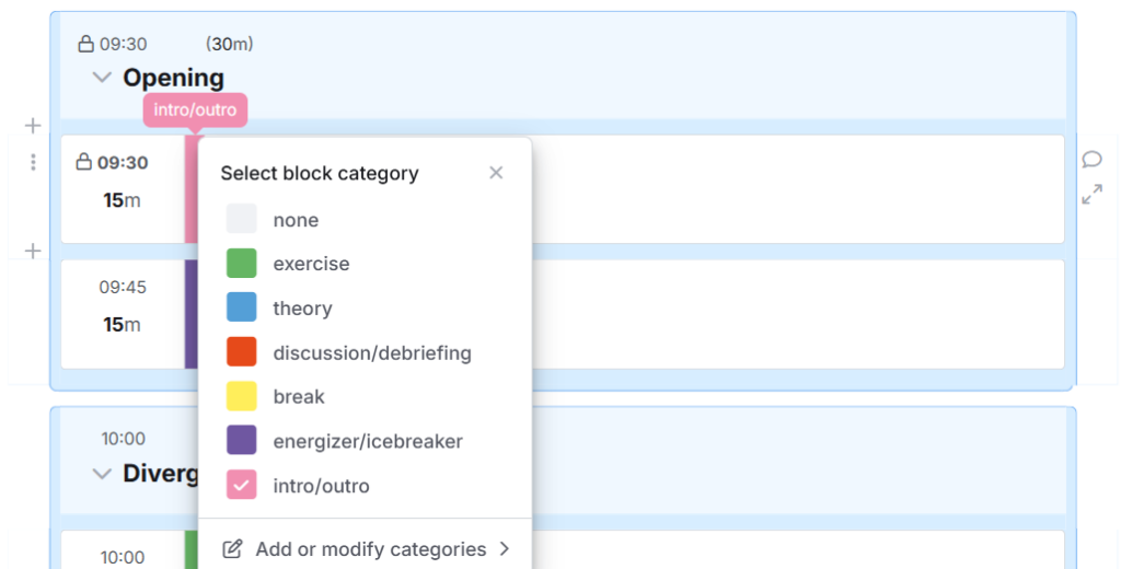 Screenshot of SessionLab's planner showing color coded categories