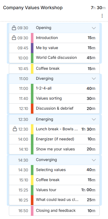 Screenshot of the full plan for a workshop on company values