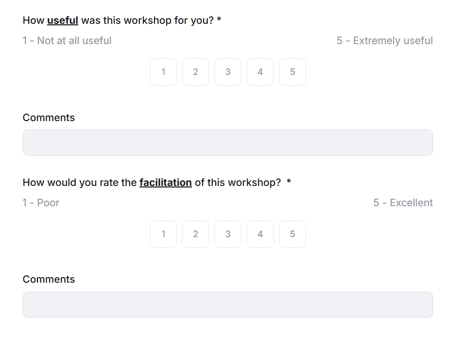 A screenshot from the SessionLab app showing a template for evaluating a workshop