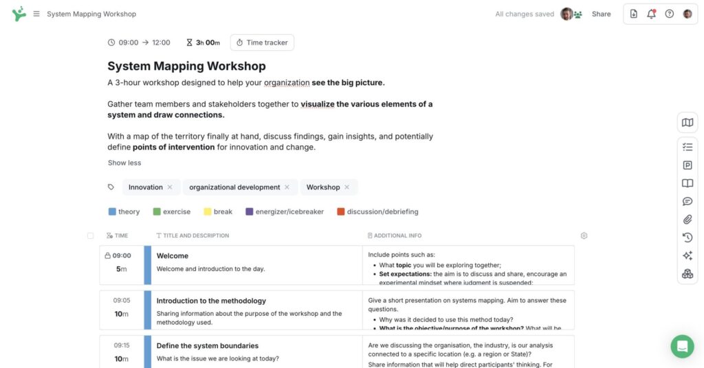 Screenshot of a systems mapping workshop agenda designed in SessionLab.