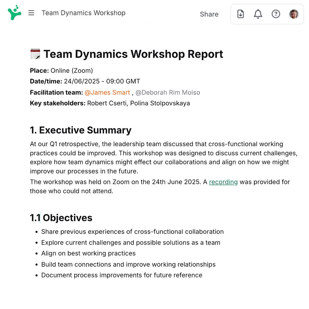 Screenshot of a workshop report in SessionLab.