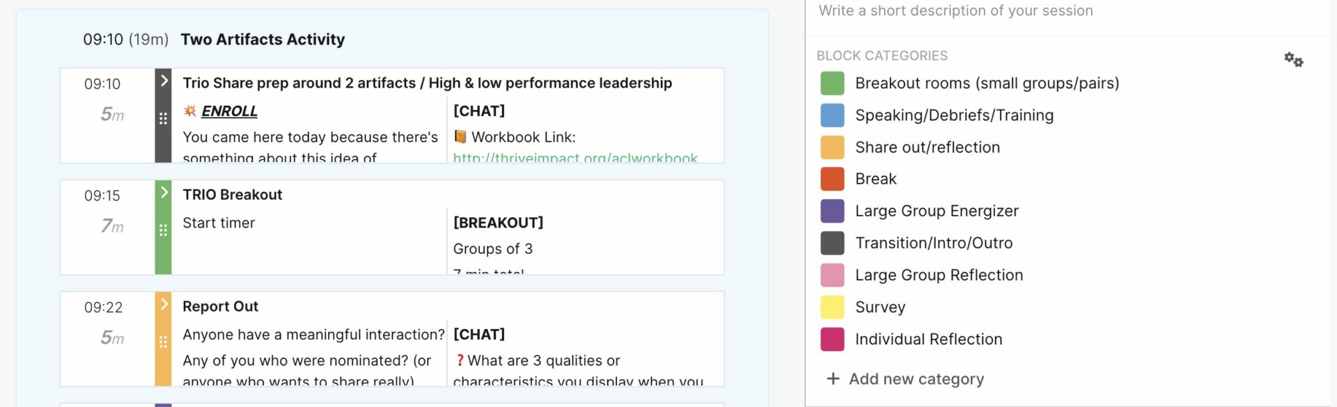 A screenshot of color coding in a workshop agenda.