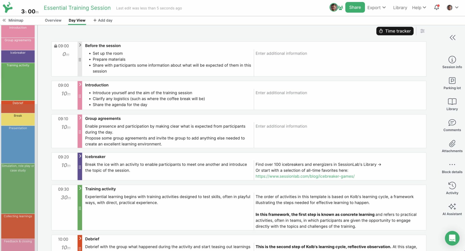 A screenshot of a training session agenda created in SessionLab.